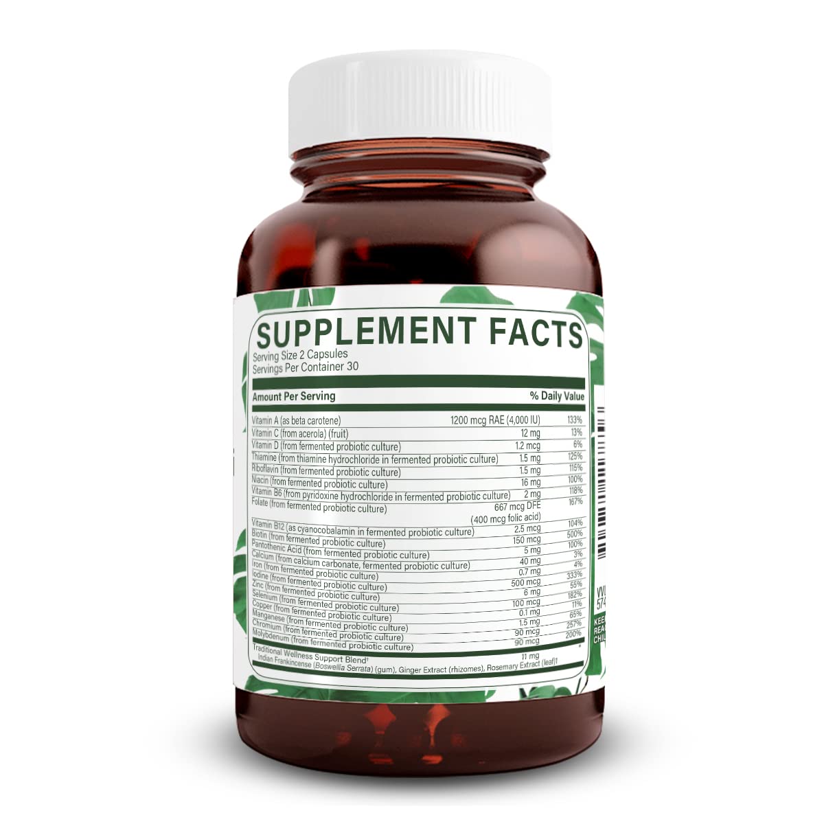Vegan multivitamin for women and men with ingredients illustration