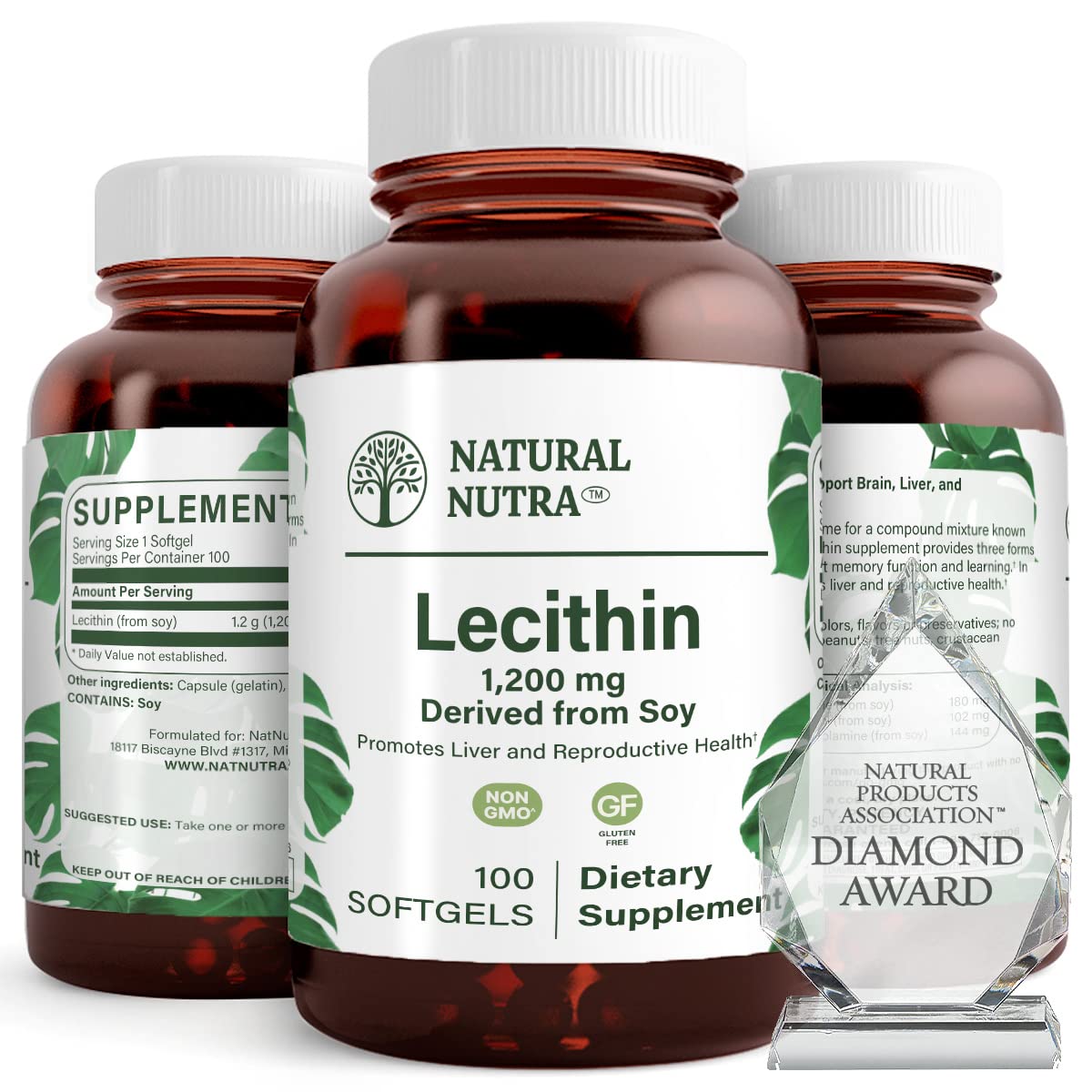 Natural Nutra Soy Lecithin 1200 mg dietary supplement bottle in recyclable glass