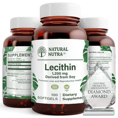 Natural Nutra Soy Lecithin 1200 mg dietary supplement bottle in recyclable glass