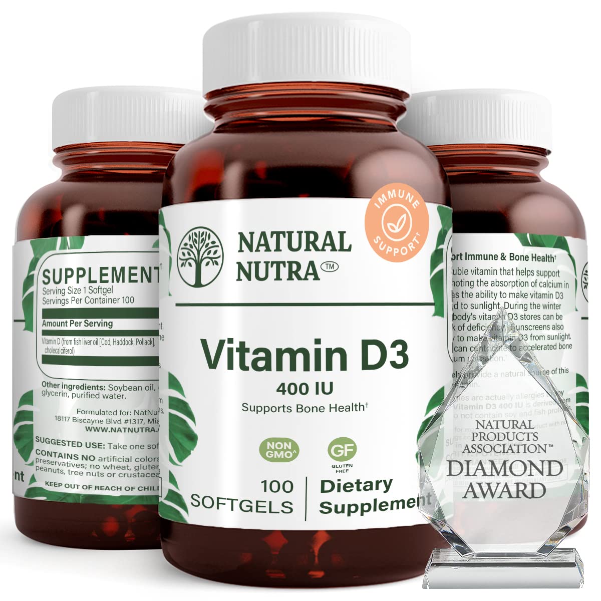 Natural Nutra Vitamin D3 400 IU softgels bottle for immune support