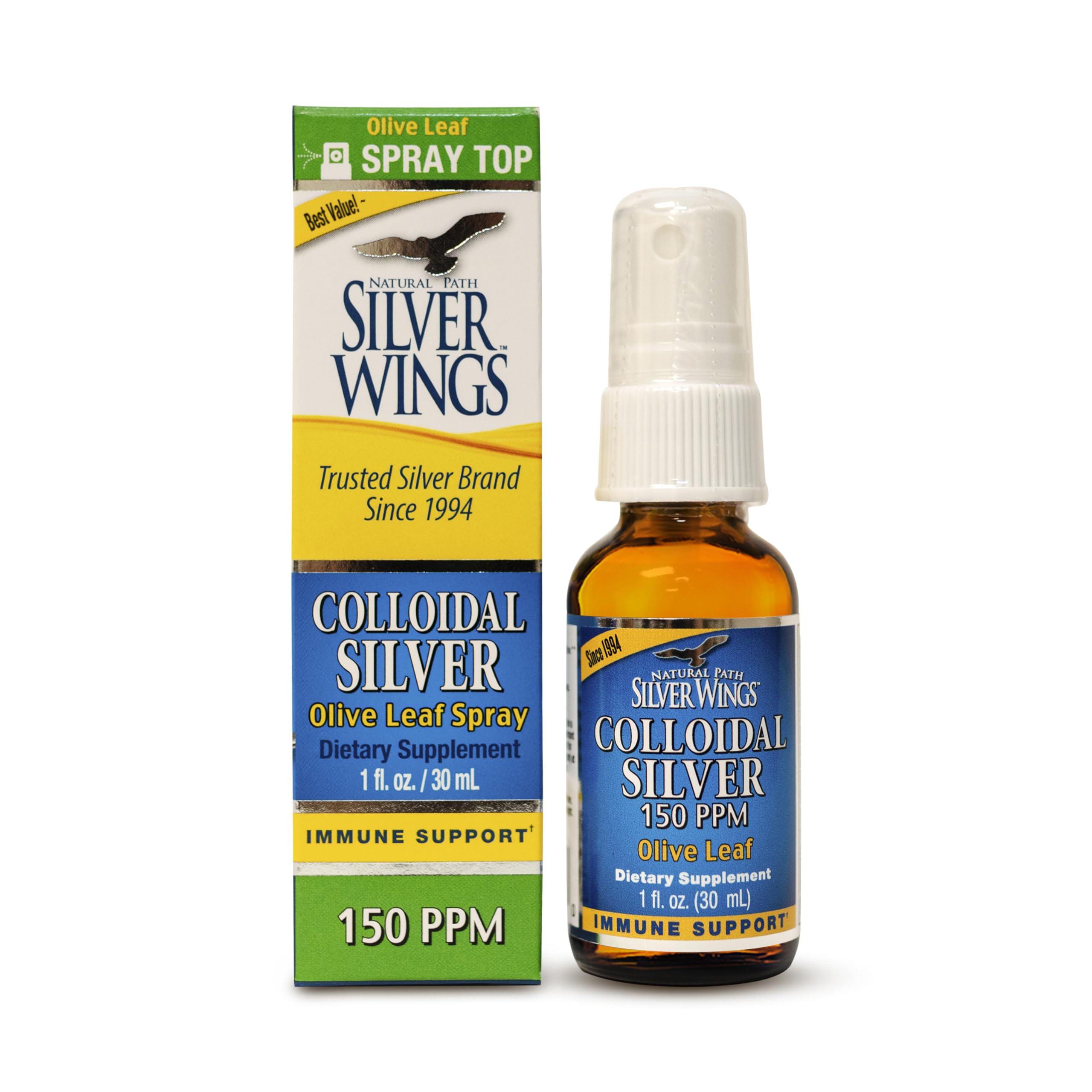 Natural Path Silver Wings Colloidal Silver 150ppm Olive Leaf Immune Support 1oz Spray in amber bottle