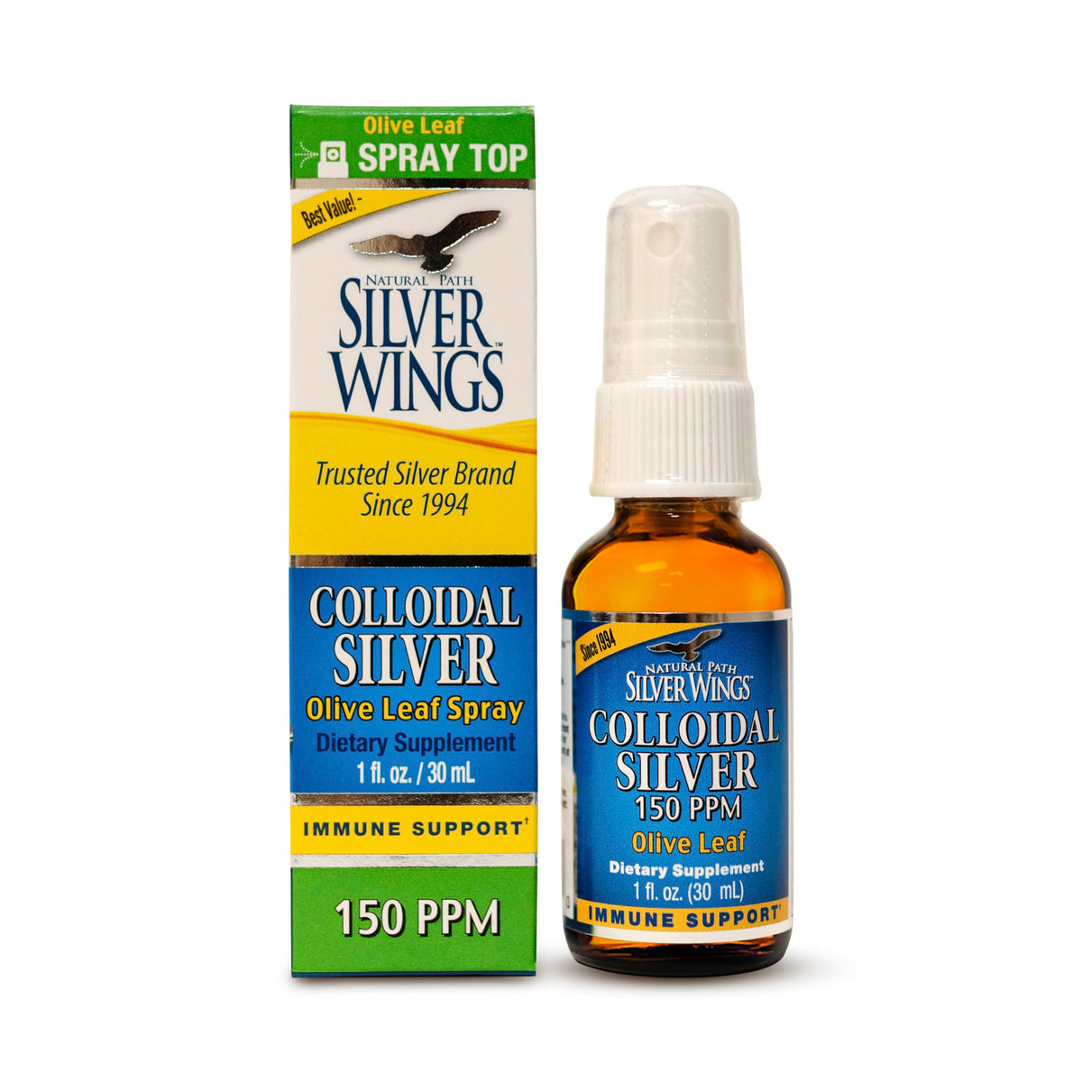 Natural Path Silver Wings Colloidal Silver 150ppm Olive Leaf Immune Support 1oz Spray in amber bottle