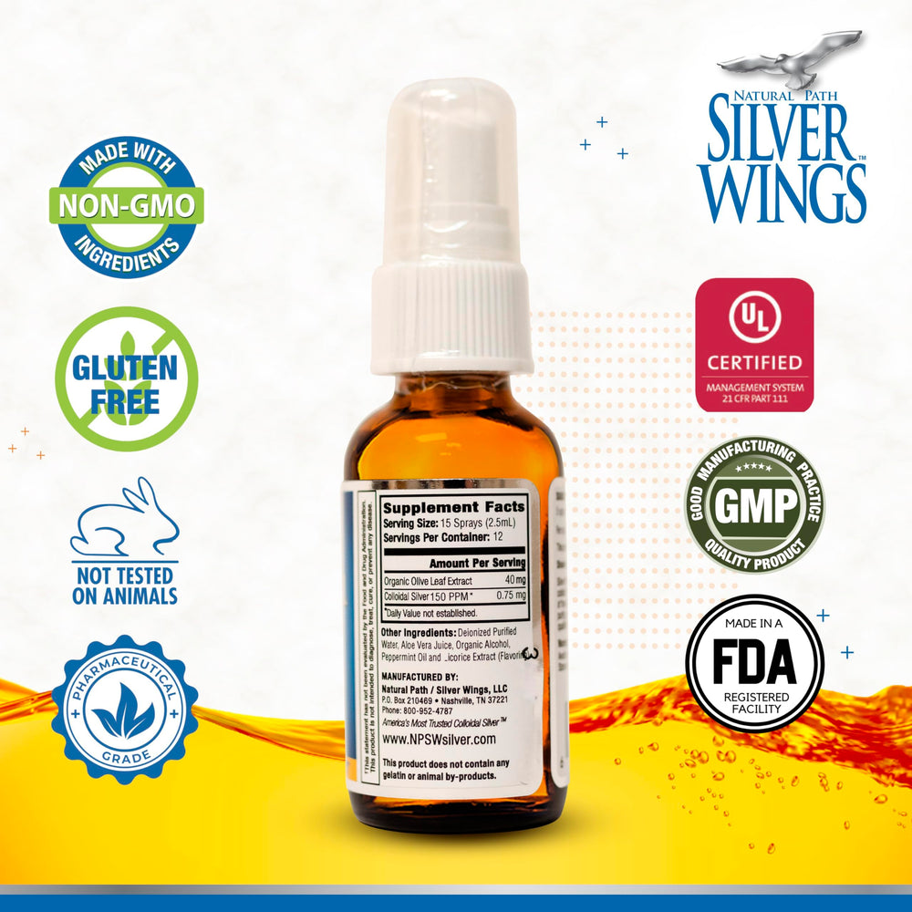 Label of Natural Path Silver Wings Colloidal Silver 150ppm Olive Leaf