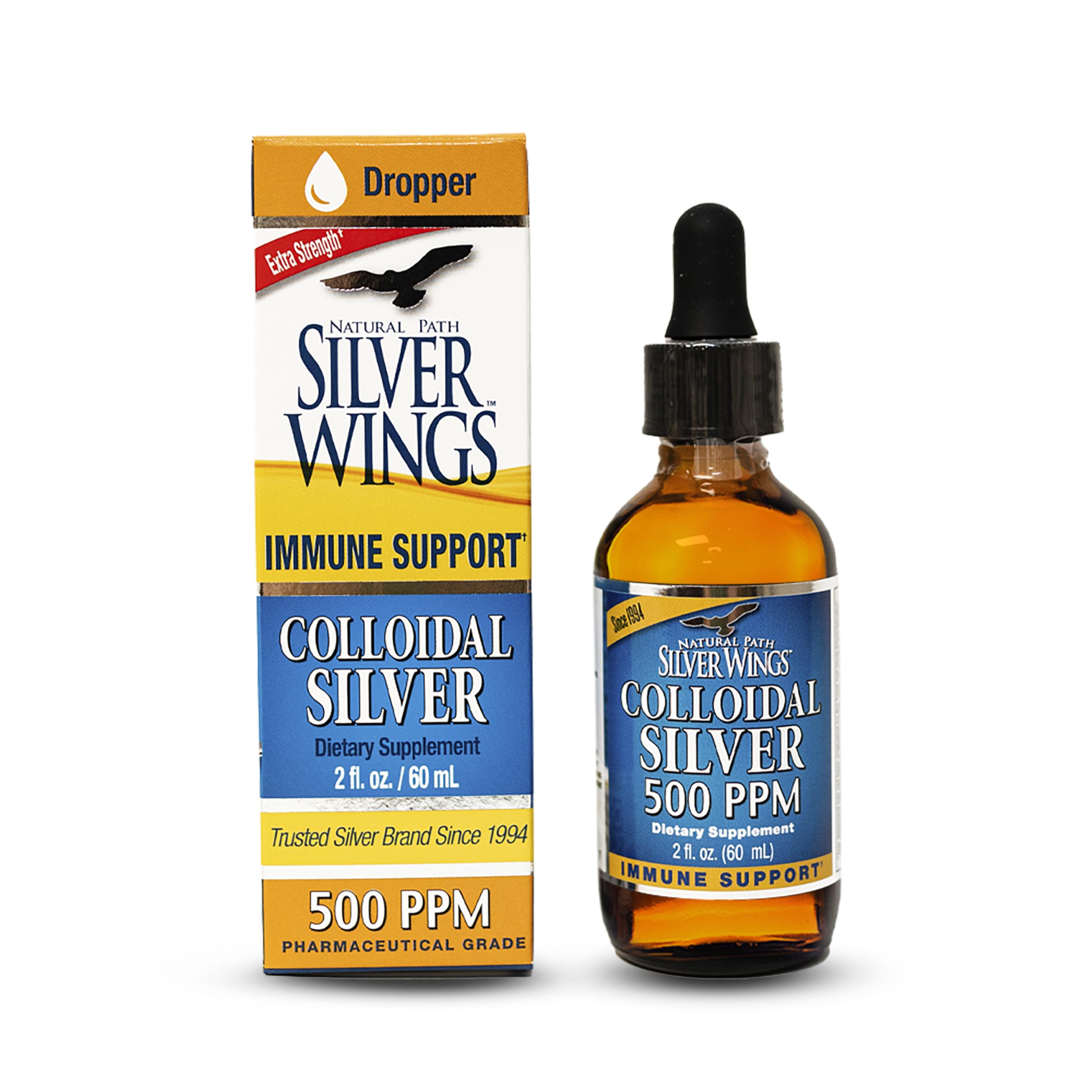 Close-up of Natural Path Silver Wings Colloidal Silver 500ppm amber bottle