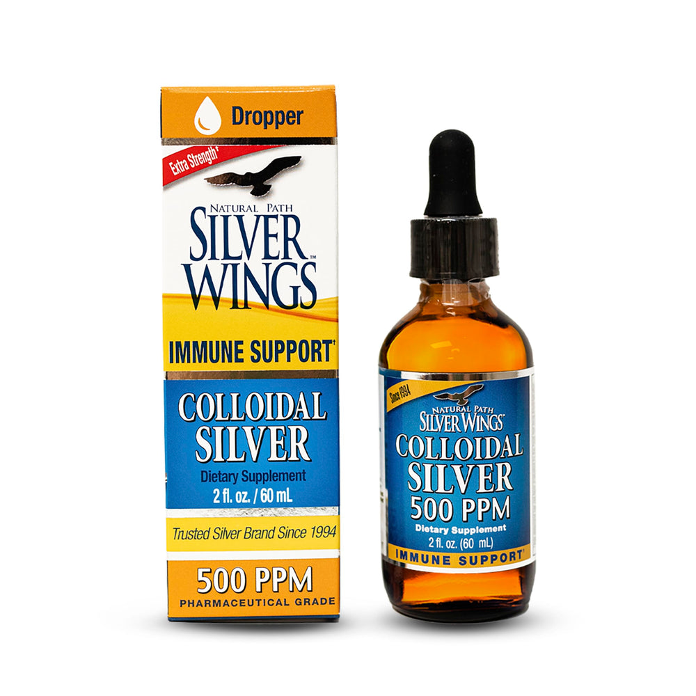 Close-up of Natural Path Silver Wings Colloidal Silver 500ppm amber bottle