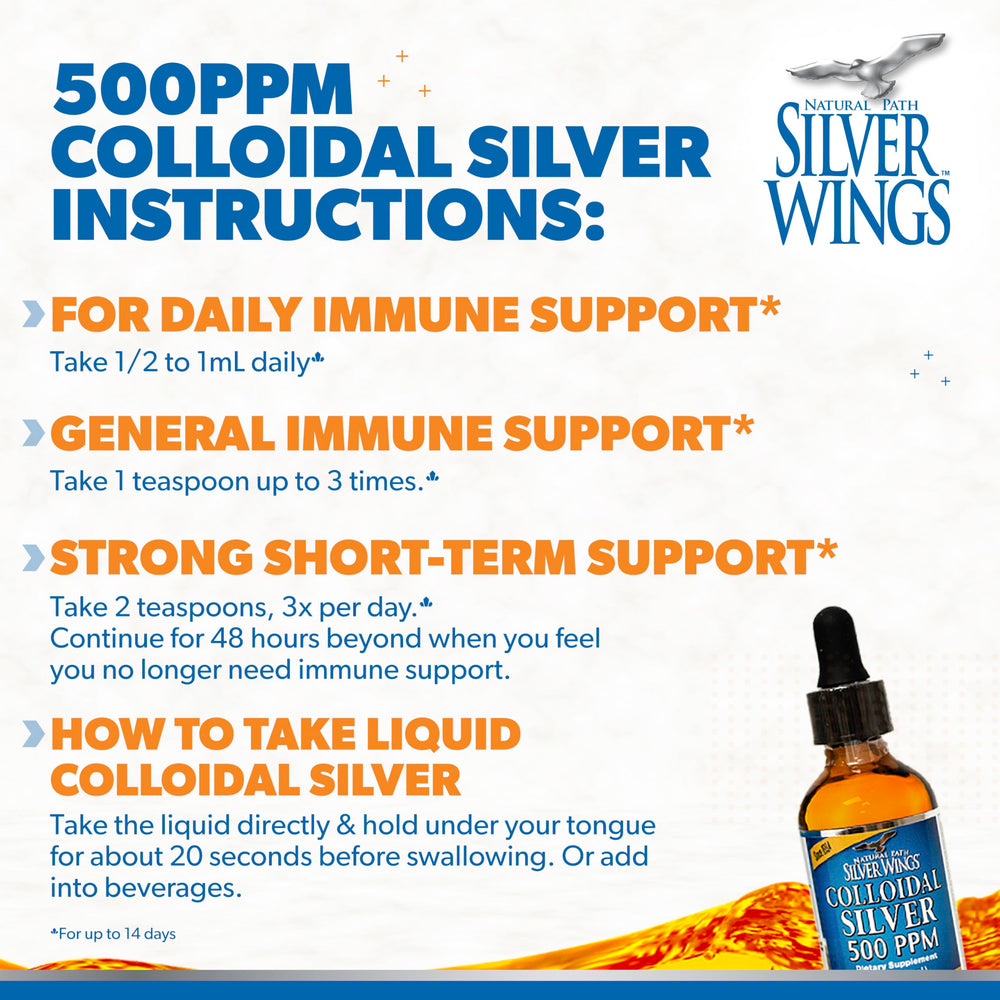 Full product shot of Natural Path Silver Wings Colloidal Silver 2oz bottle with dropper