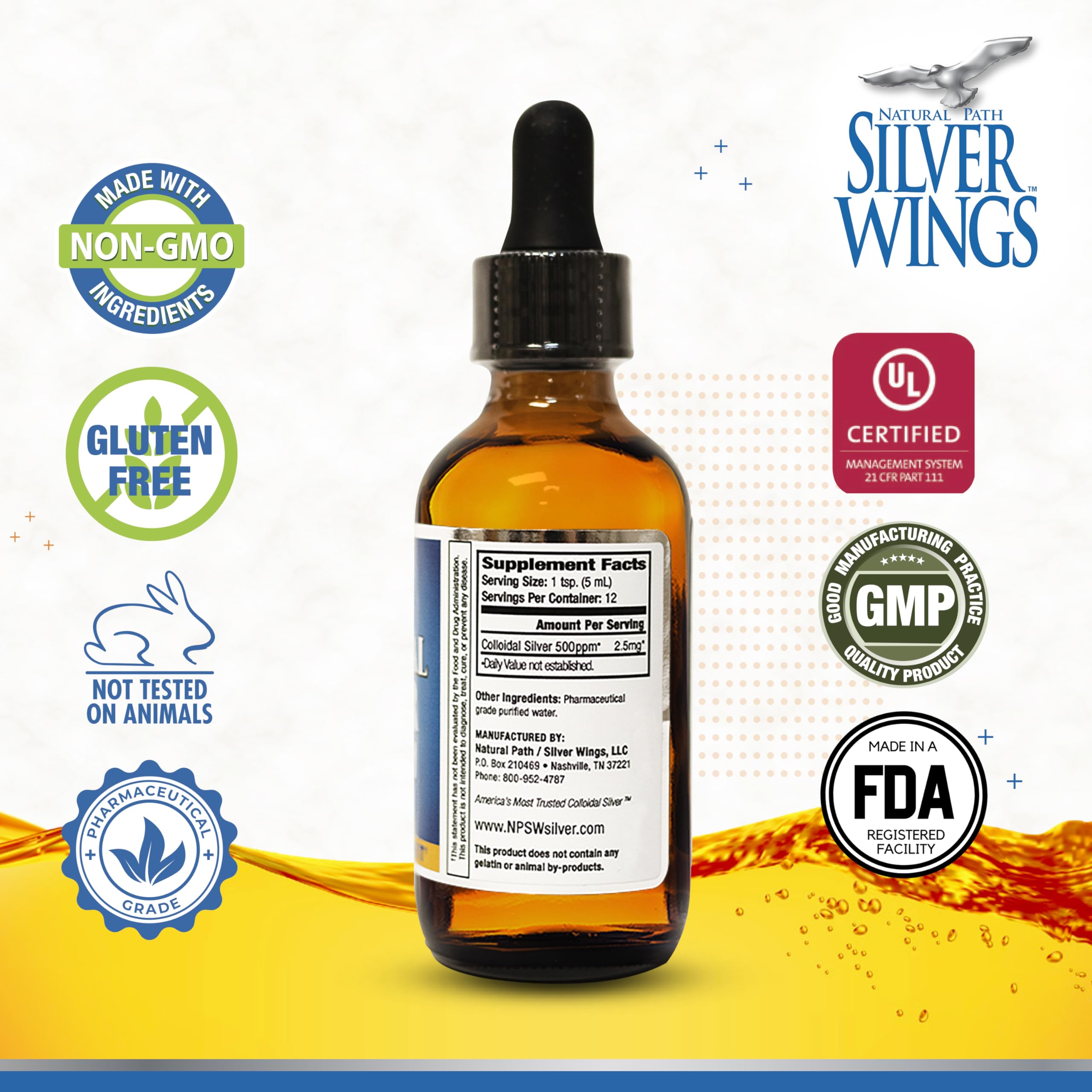 Amber glass bottle of Natural Path Silver Wings Colloidal Silver 500ppm side view
