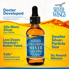 Label on Natural Path Silver Wings Colloidal Silver bottle showing 500ppm
