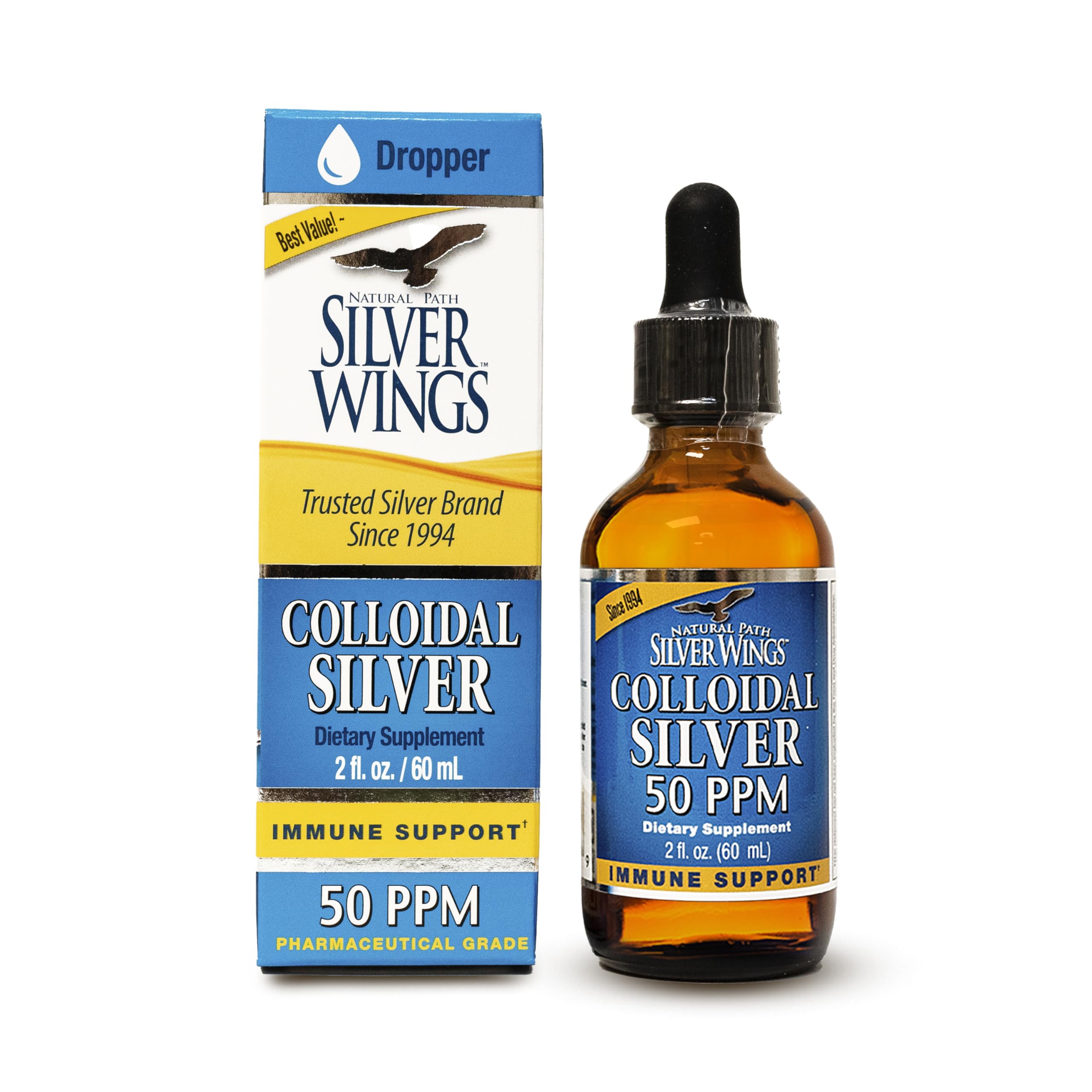 Bottle of Natural Path Silver Wings colloidal silver 50ppm in a 2 oz amber glass bottle
