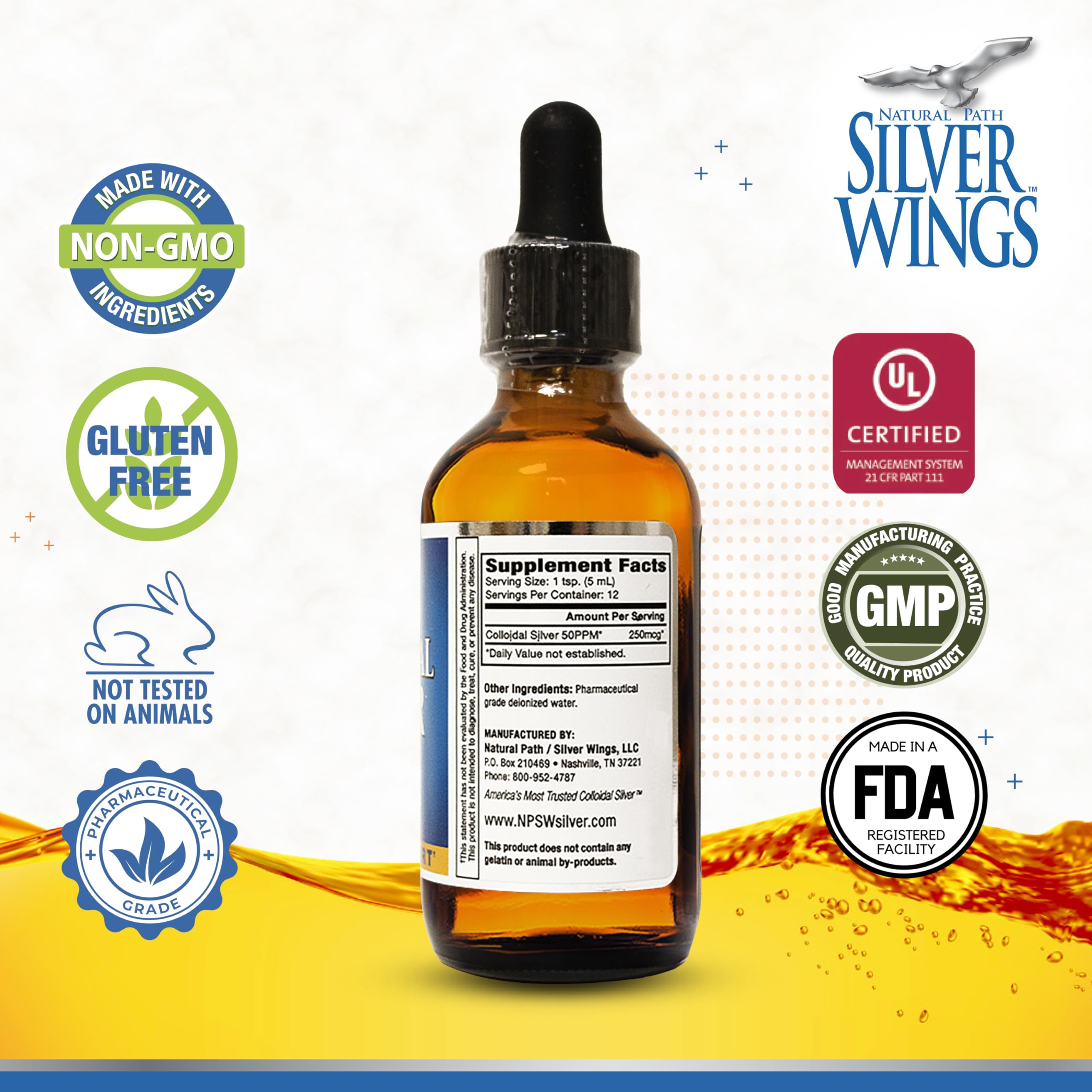 Dropper and label of Natural Path Silver Wings colloidal silver 50ppm 2 oz bottle