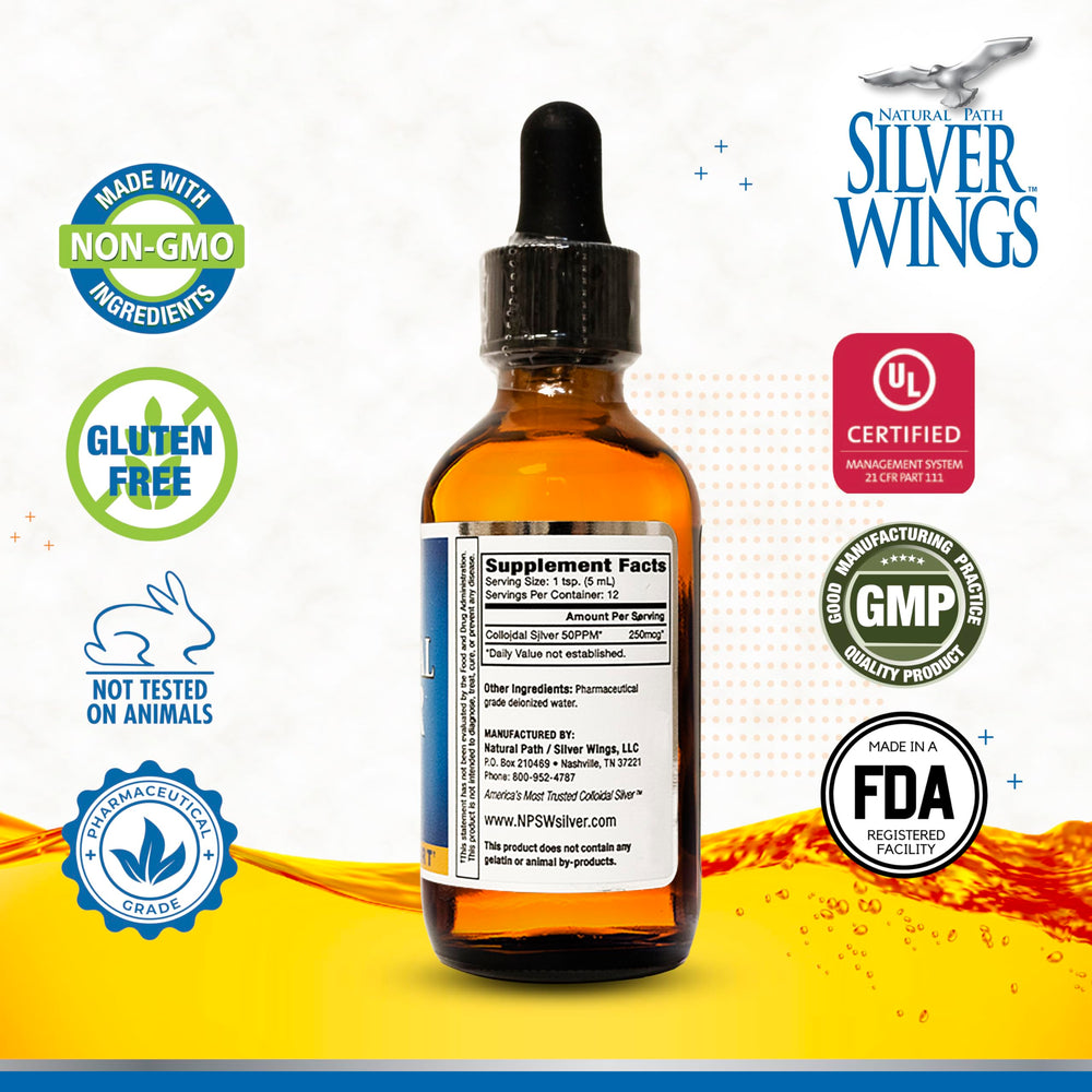 Dropper and label of Natural Path Silver Wings colloidal silver 50ppm 2 oz bottle