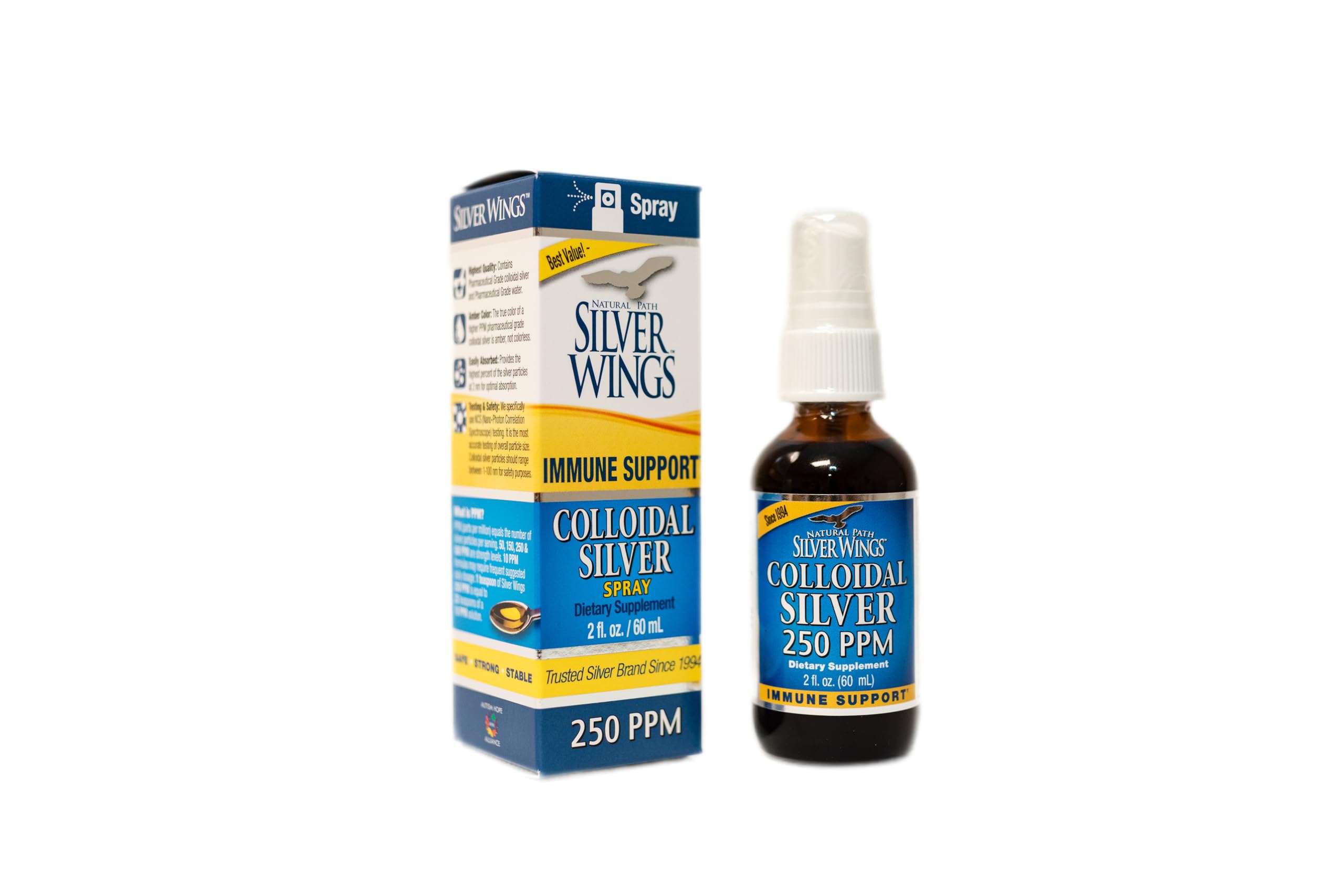 Amber glass 2oz spray bottle of Natural Path Silver Wings colloidal silver