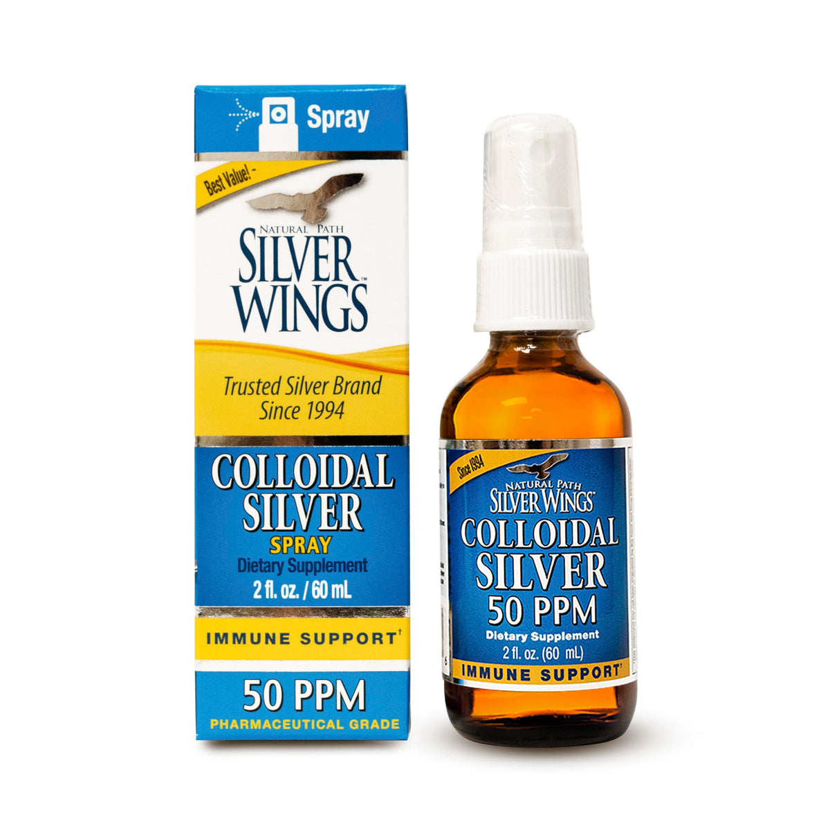 Amber glass bottle of Natural Path Silver Wings Colloidal Silver Liquid