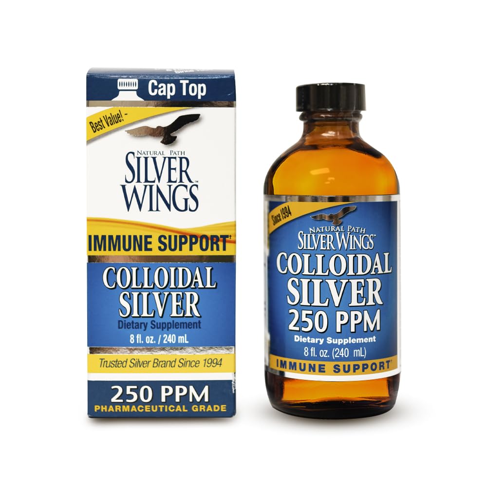 Bottle of Natural Path Silver Wings Colloidal Silver Liquid 8oz in amber glass