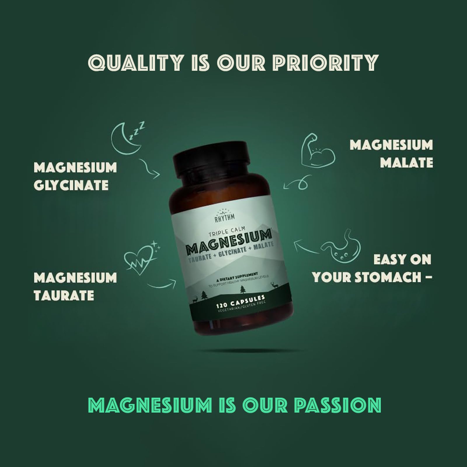 Natural Rhythm magnesium malate focus supports energy metabolism for daily activity.