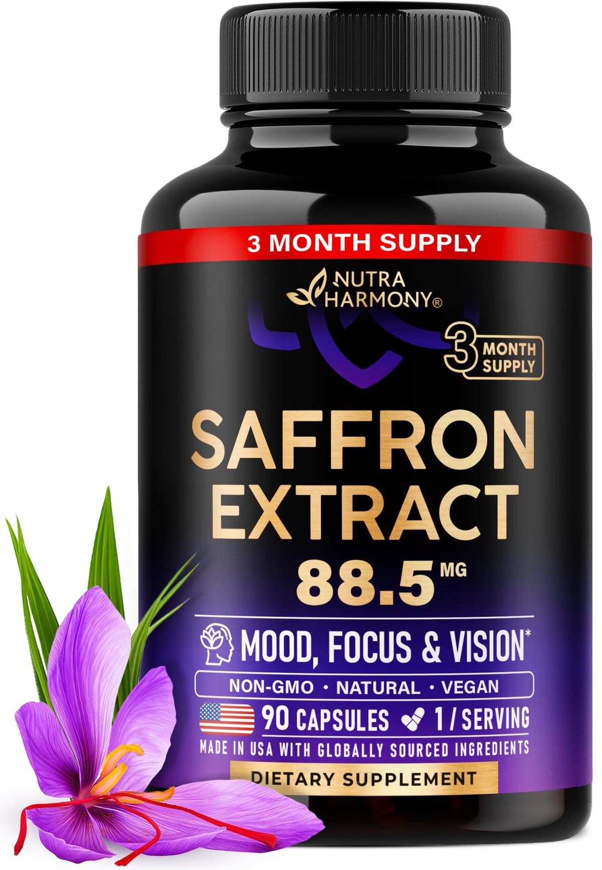 Bottle of saffron supplements with USA-made label