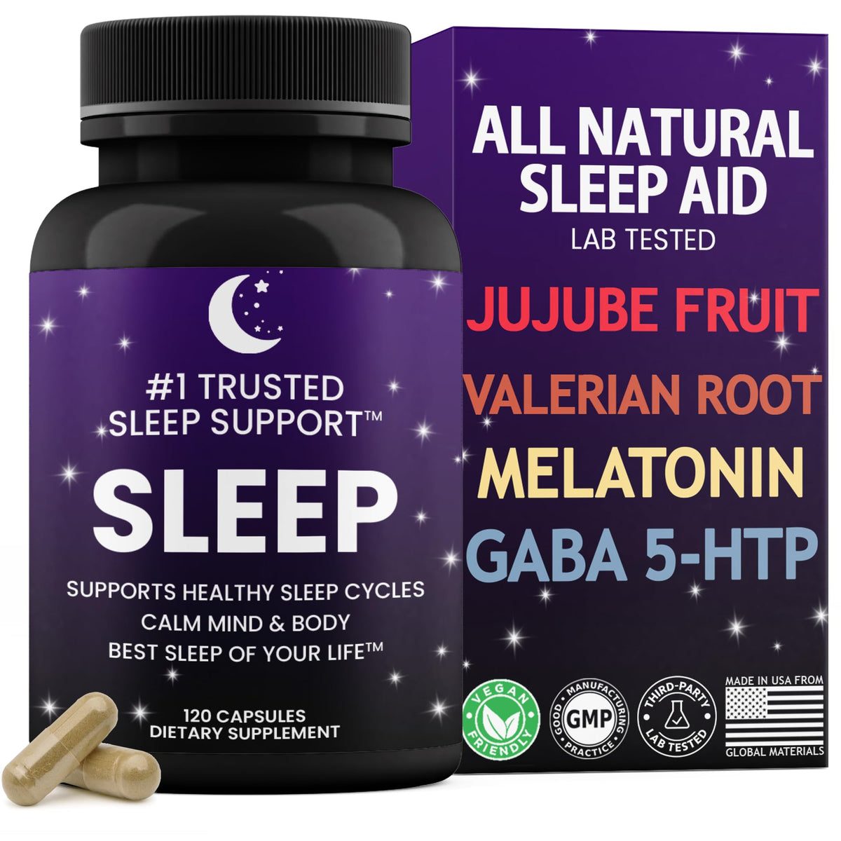Bottle of Natural Sleep Aid for Adults with Valerian, GABA, 5-HTP and Melatonin