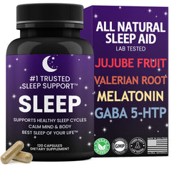 Bottle of Natural Sleep Aid for Adults with Valerian, GABA, 5-HTP and Melatonin