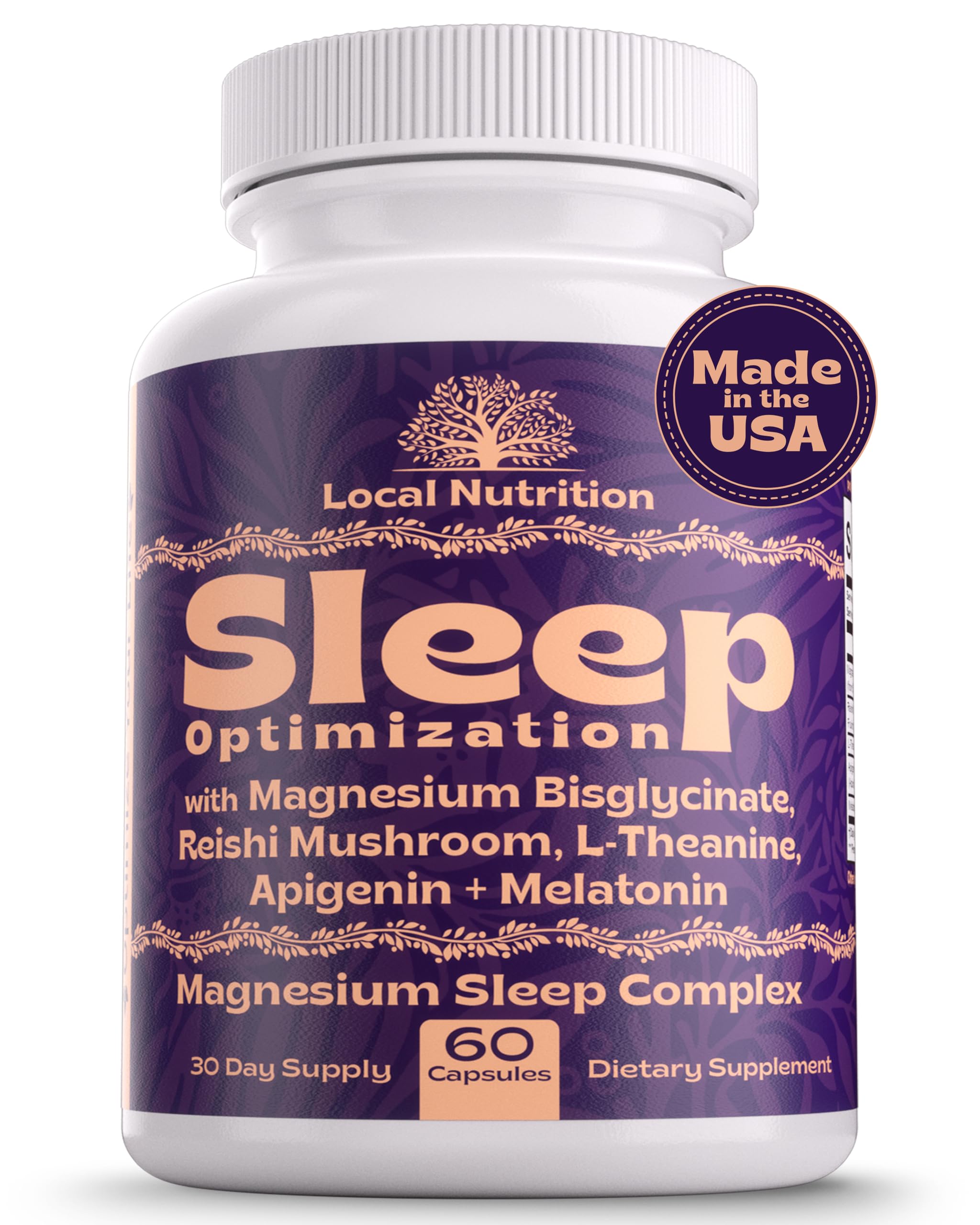 Bottle of Natural Sleep Aid with Magnesium Glycinate, Reishi, L-Theanine, Apigenin and Melatonin