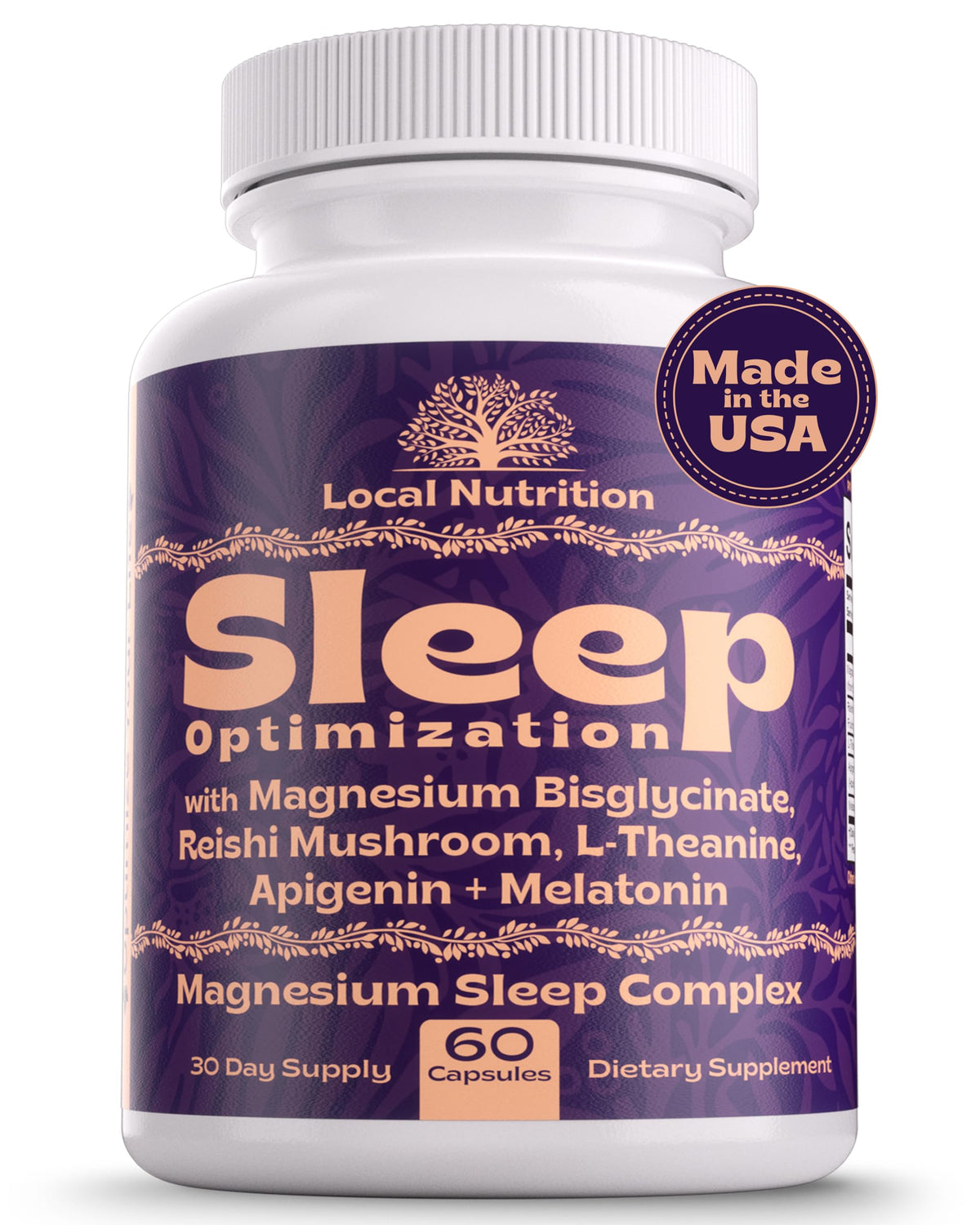 Bottle of Natural Sleep Aid with Magnesium Glycinate, Reishi, L-Theanine, Apigenin and Melatonin