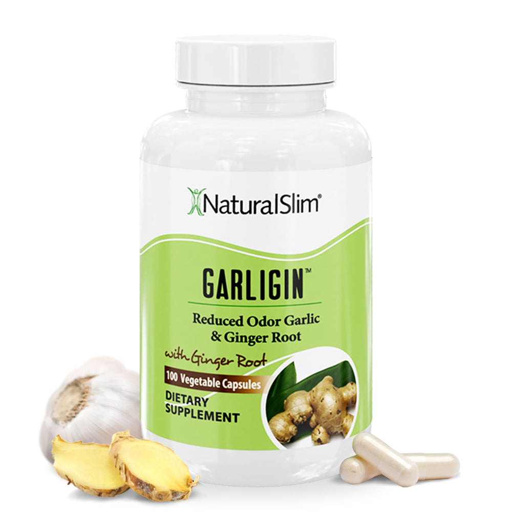 NaturalSlim Garligin bottle with garlic and ginger illustration