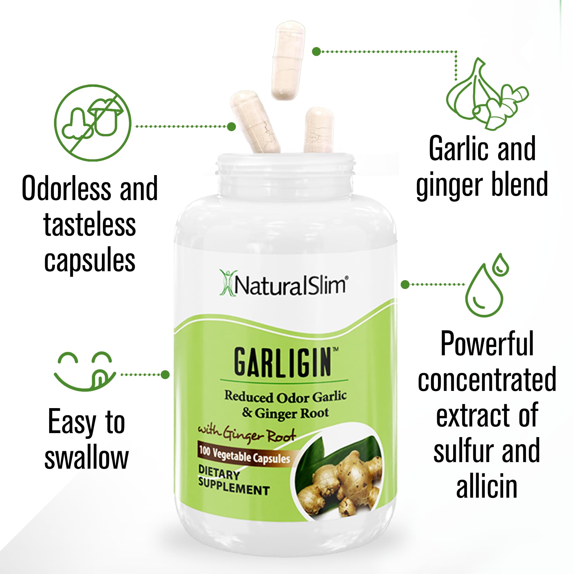 Fresh garlic cloves and ginger root on a white background