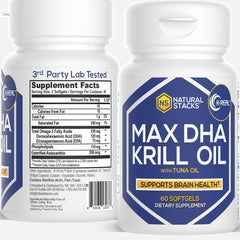 Natural Stacks Antarctic Krill Oil softgel bottle supports omega-3 delivery for brain and heart.