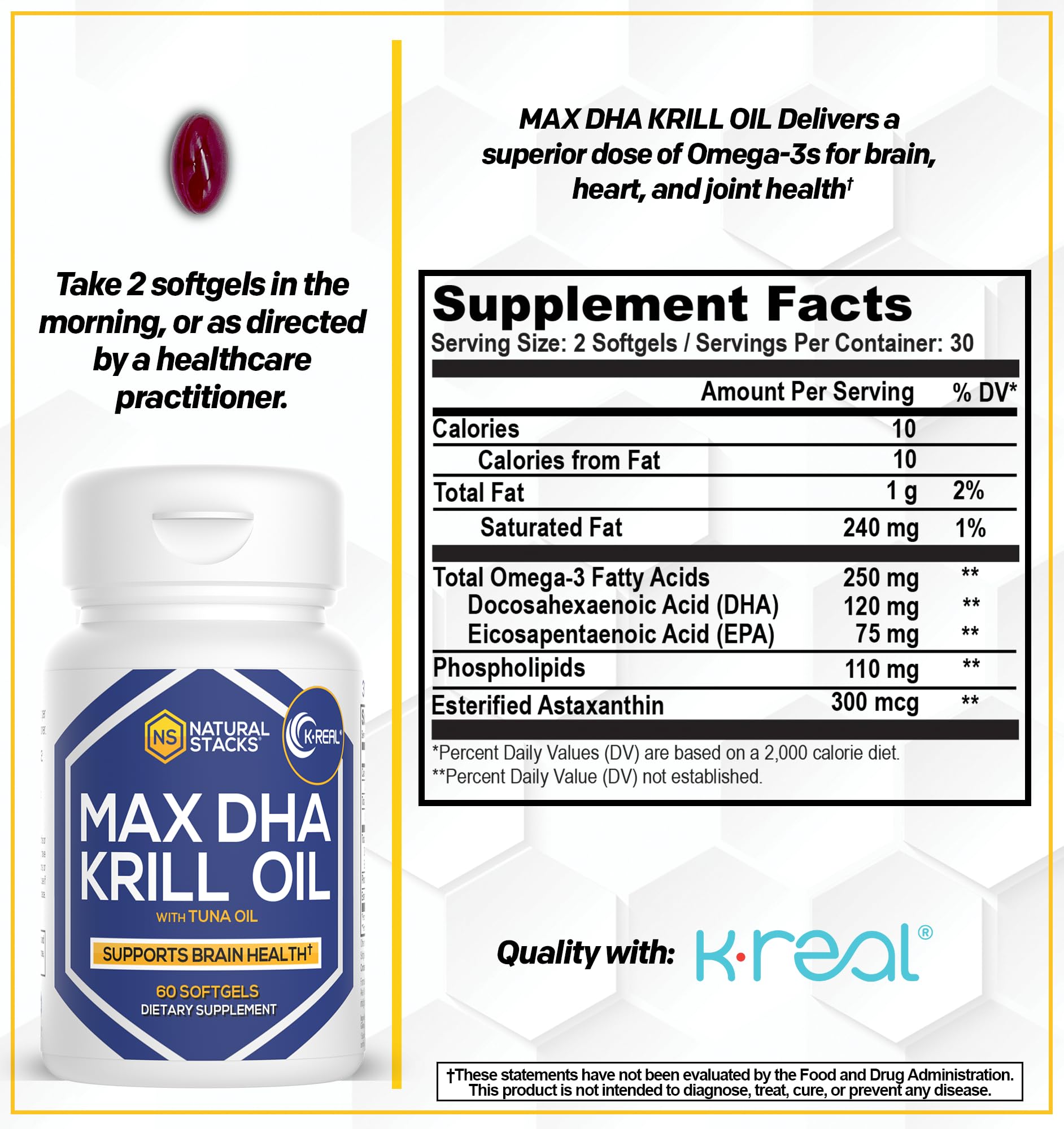 Natural Stacks Antarctic Krill Oil capsule close-up emphasizes astaxanthin antioxidant protection.