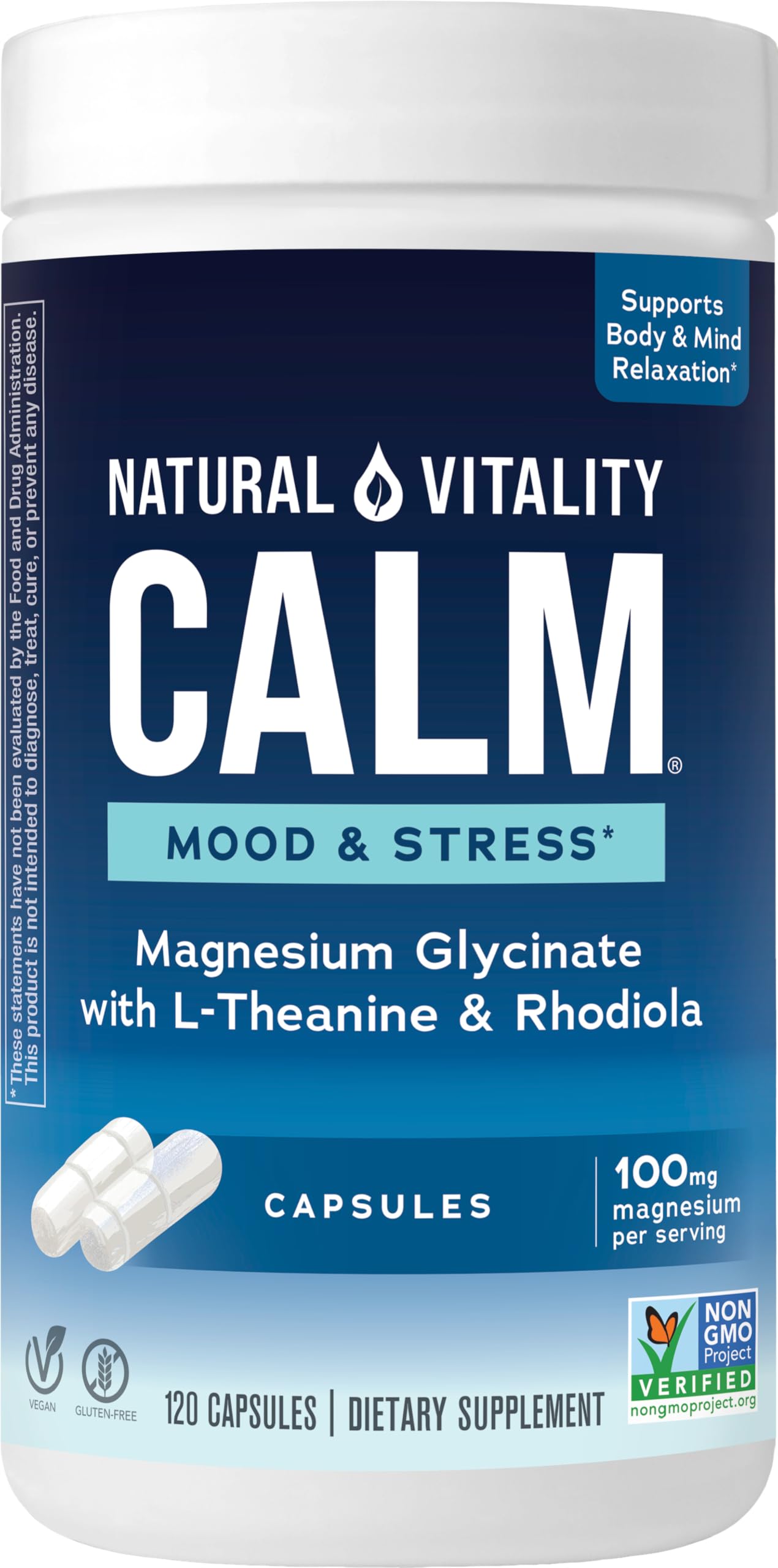 Natural Vitality CALM Mood and Stress Relief capsules bottle on white