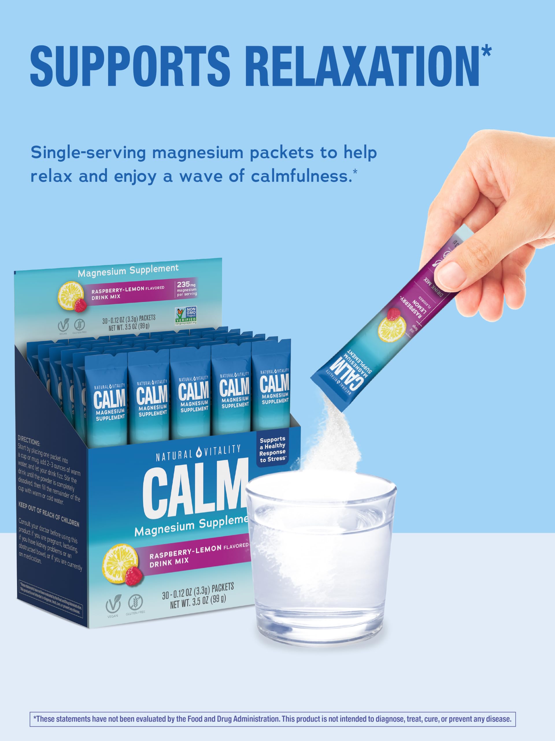 Preparing a fizzy CALM drink by mixing a packet with water