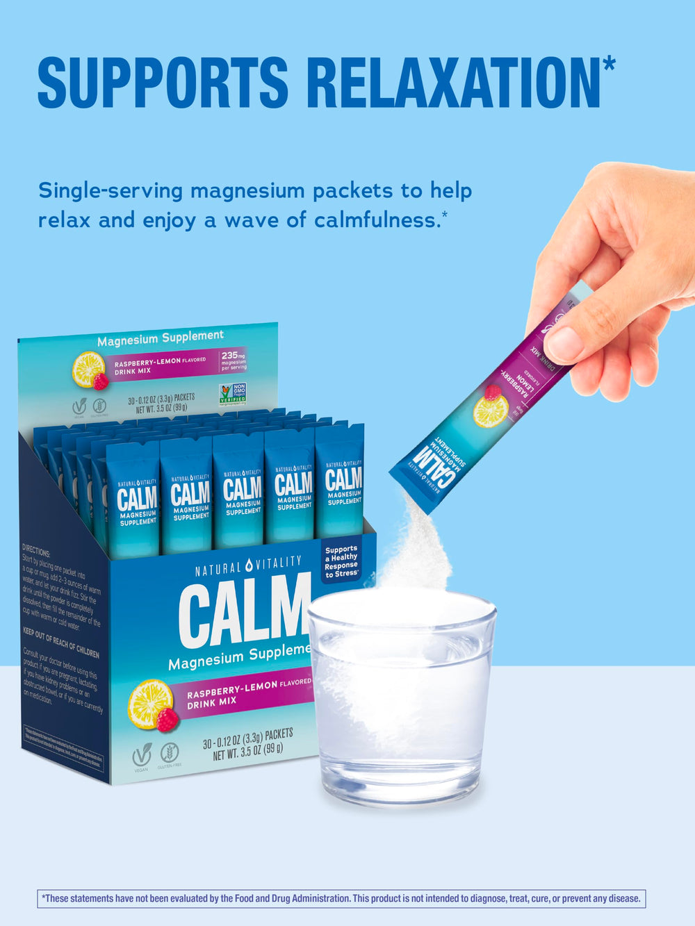 Preparing a fizzy CALM drink by mixing a packet with water