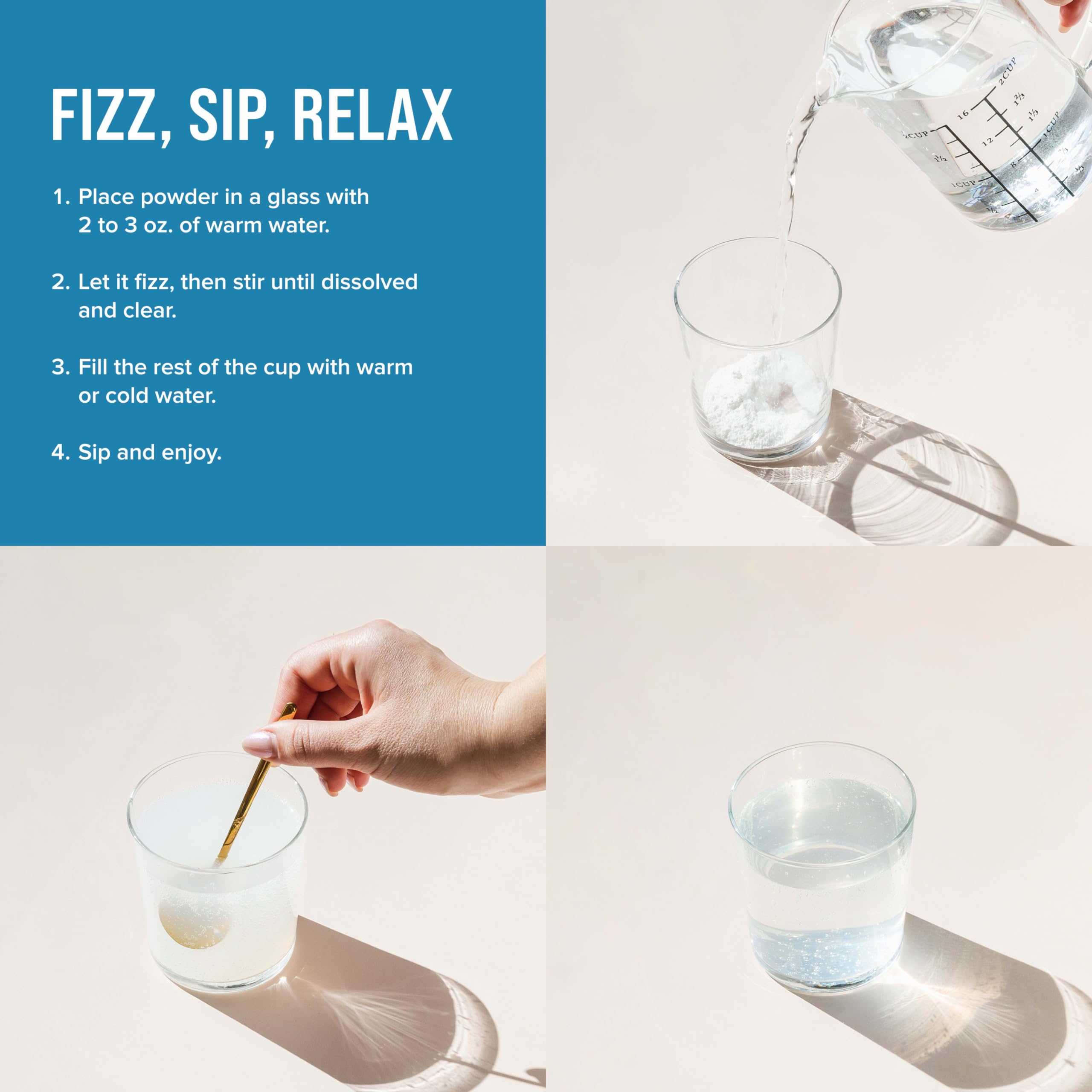 CALM powder dissolving in water to form magnesium citrate