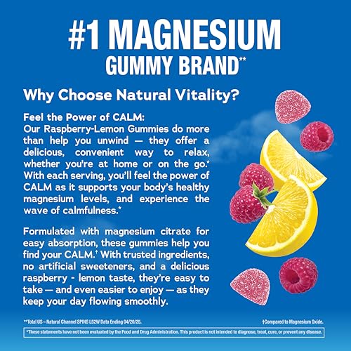 Natural Vitality CALM gummies label closeup showing vegan and gluten-free ingredients.