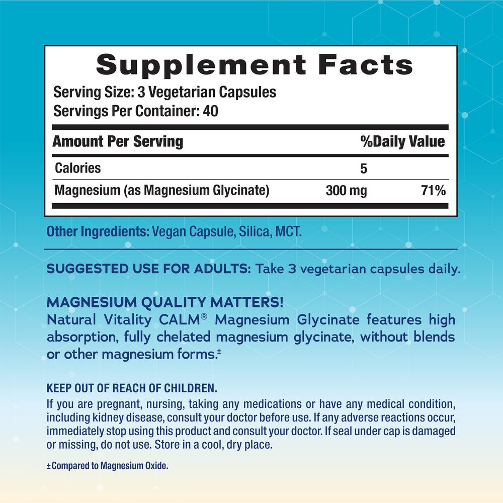 Close-up of NATURAL VITALITY Calm Magnesium bottle label