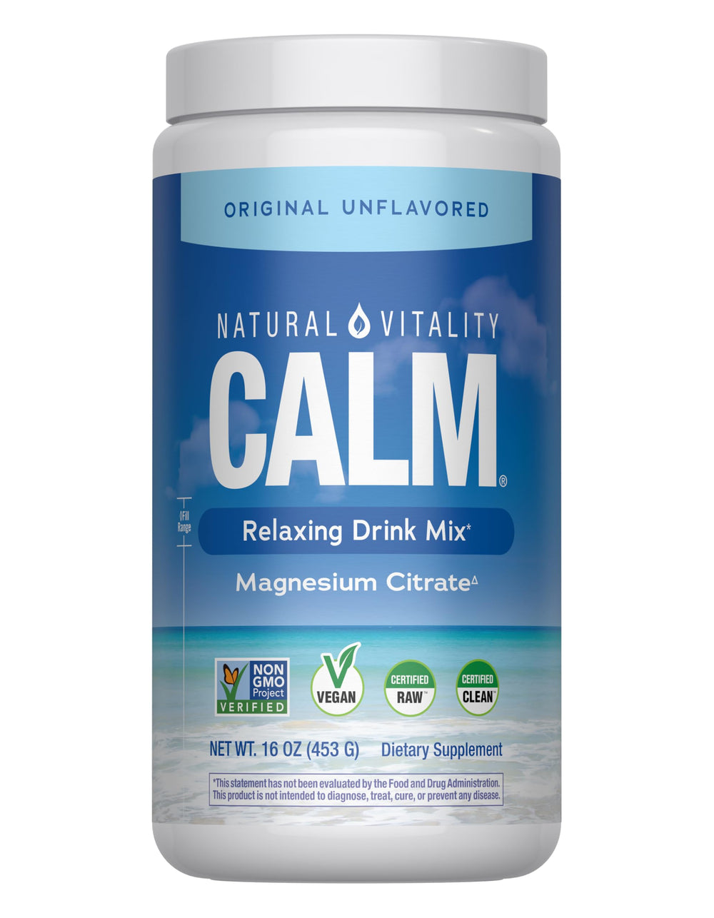 Front view of Natural Vitality CALM Magnesium Drink Mix bottle, 16 oz