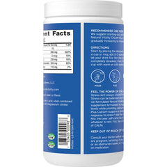 Packaging showing gluten-free, vegan, Non-GMO CALM magnesium drink mix with calcium