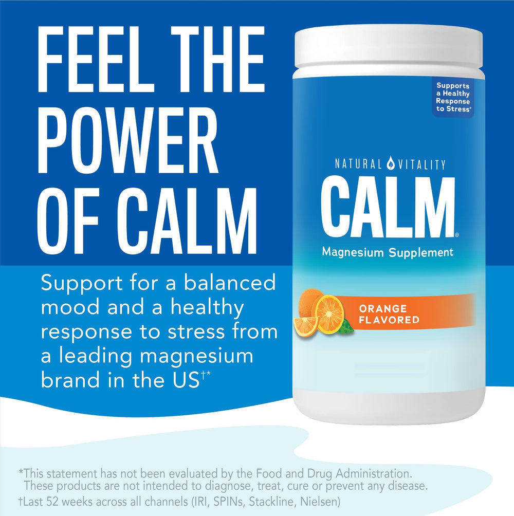Close-up of product label highlighting CALM magnesium and orange flavor