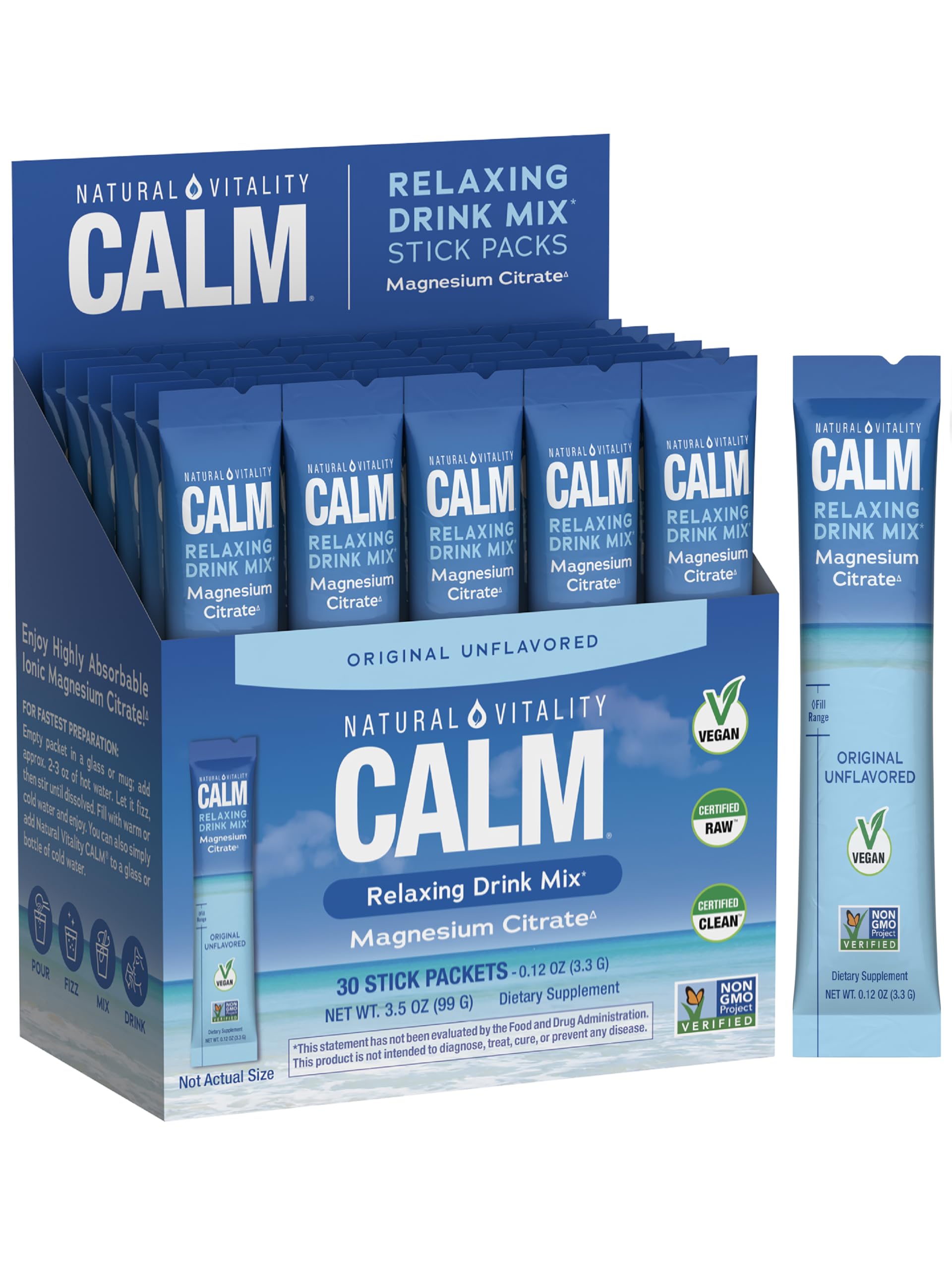 Natural Vitality Calm magnesium powder packaging with unflavored packets