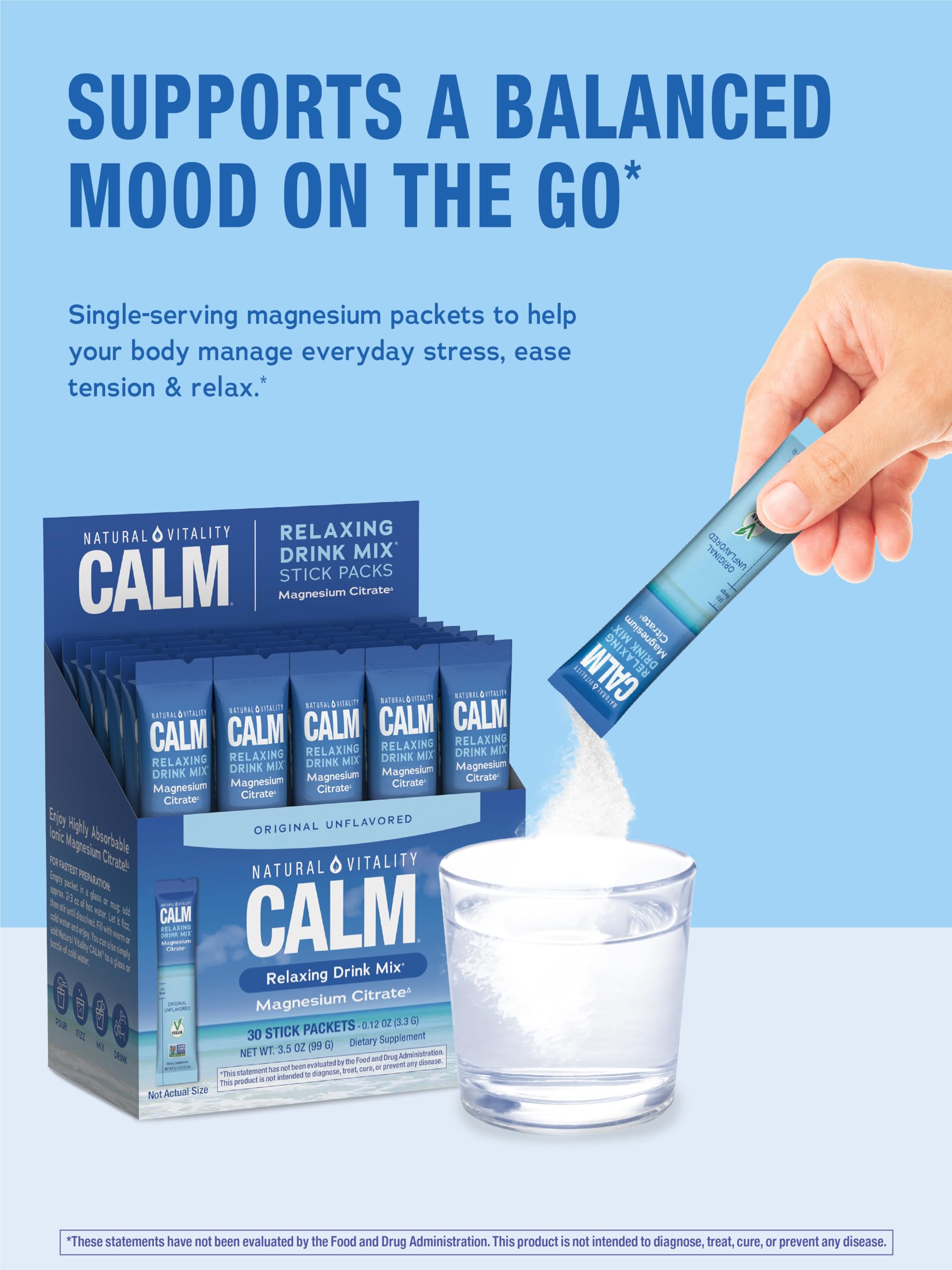 Front view of Calm magnesium powder box with 30 packets