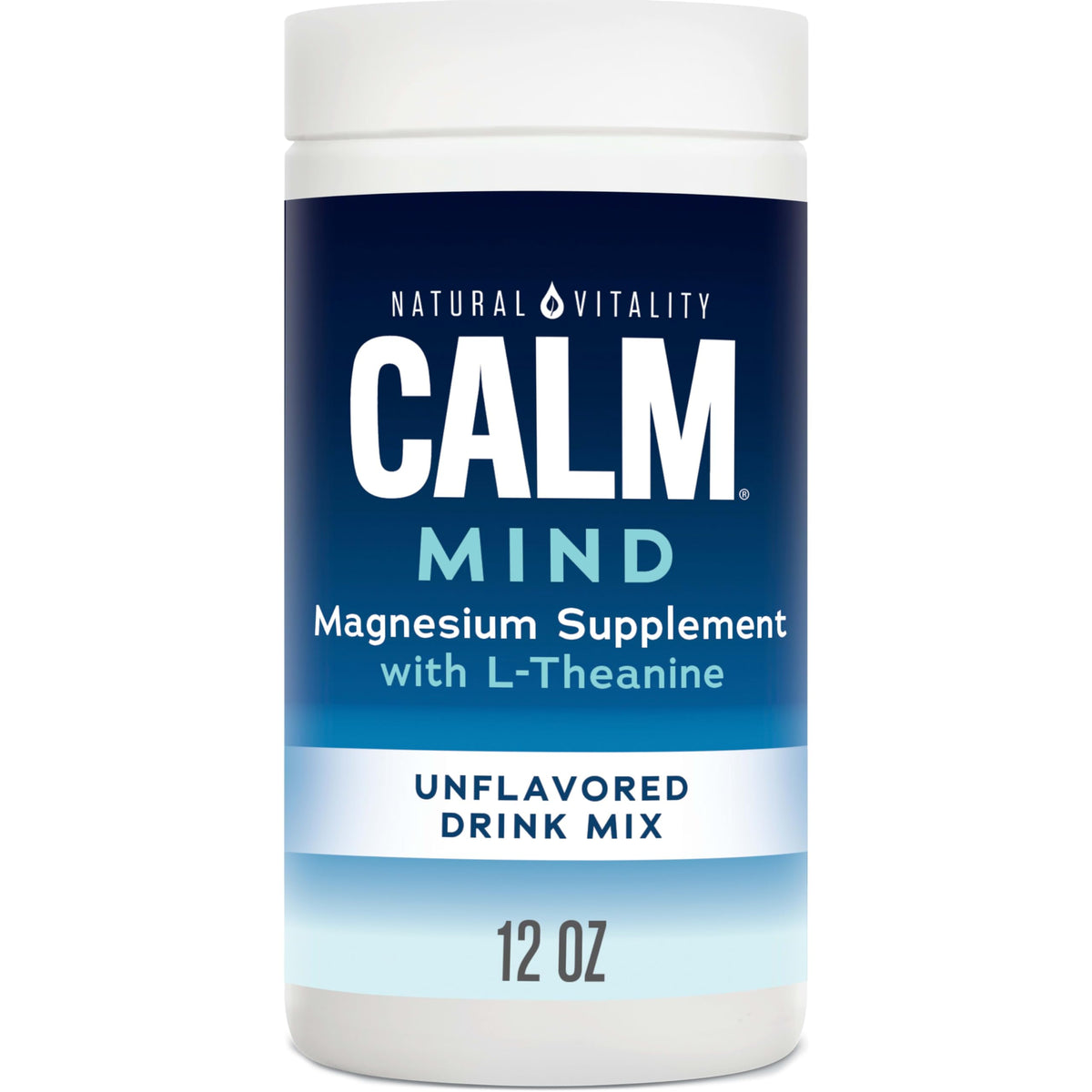 Front view of Natural Vitality CALM Mind magnesium citrate + L-theanine powder in a 12 oz jar