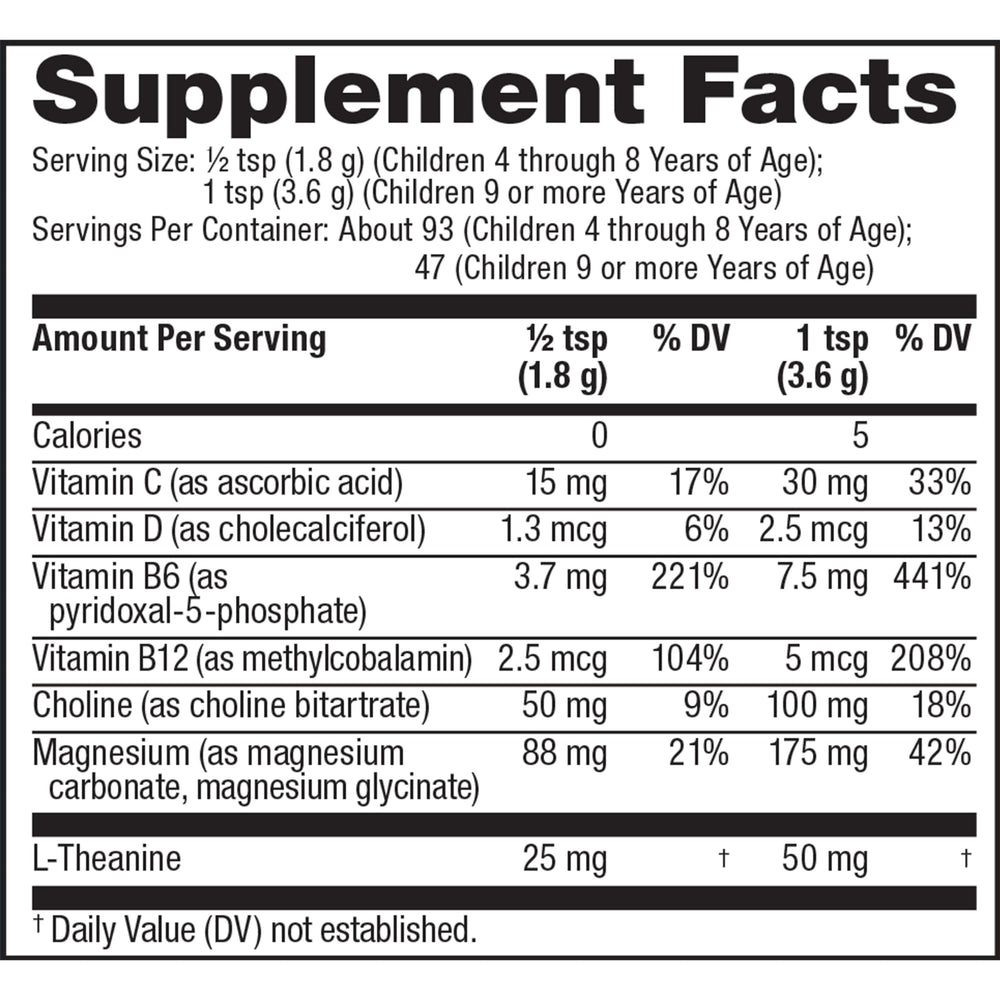 Nutrition label for Natural Vitality CALM Mind Magnesium Drink Mix 12 oz