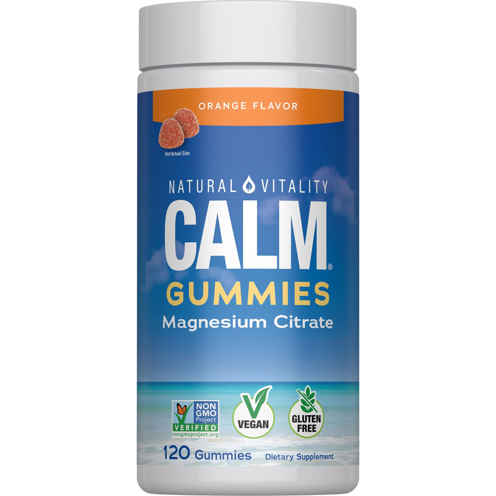 Natural Vitality Calm orange gummies bottle, convenient daily stress support