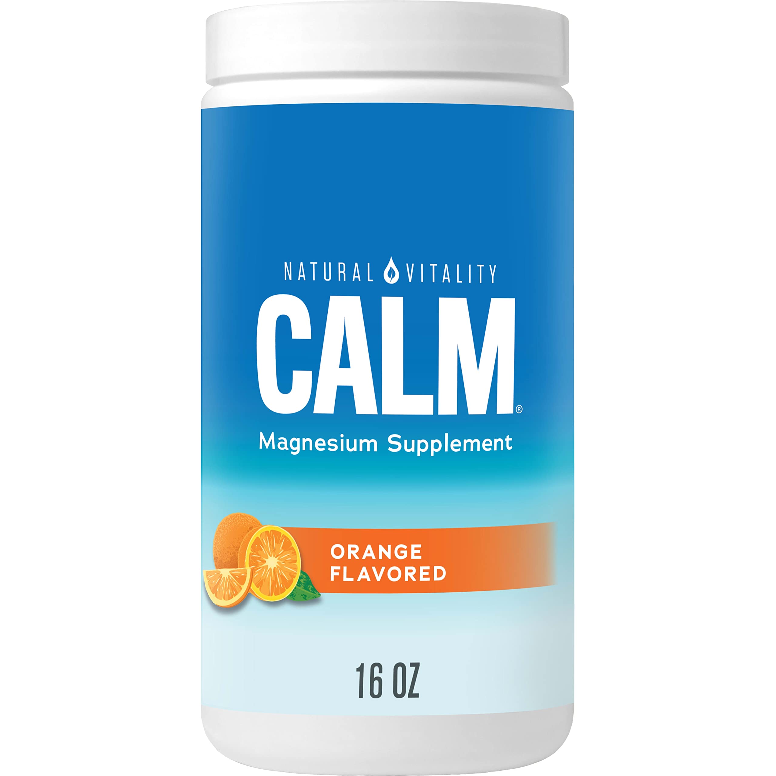 Front view of Natural Vitality CALM orange magnesium drink mix bottle, 16 oz