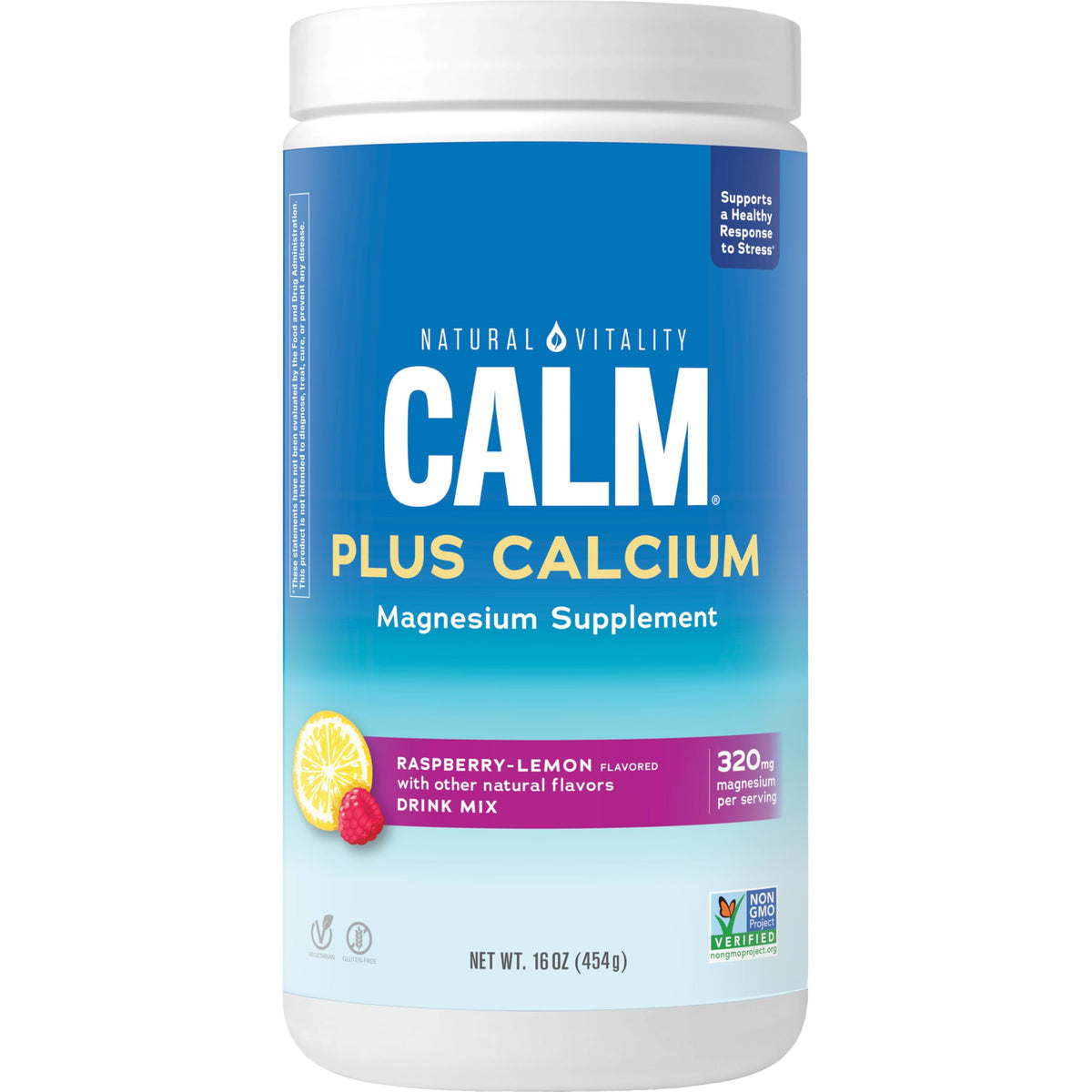 Front view of Natural Vitality CALM Raspberry Lemon magnesium-calcium drink mix 16 oz bottle