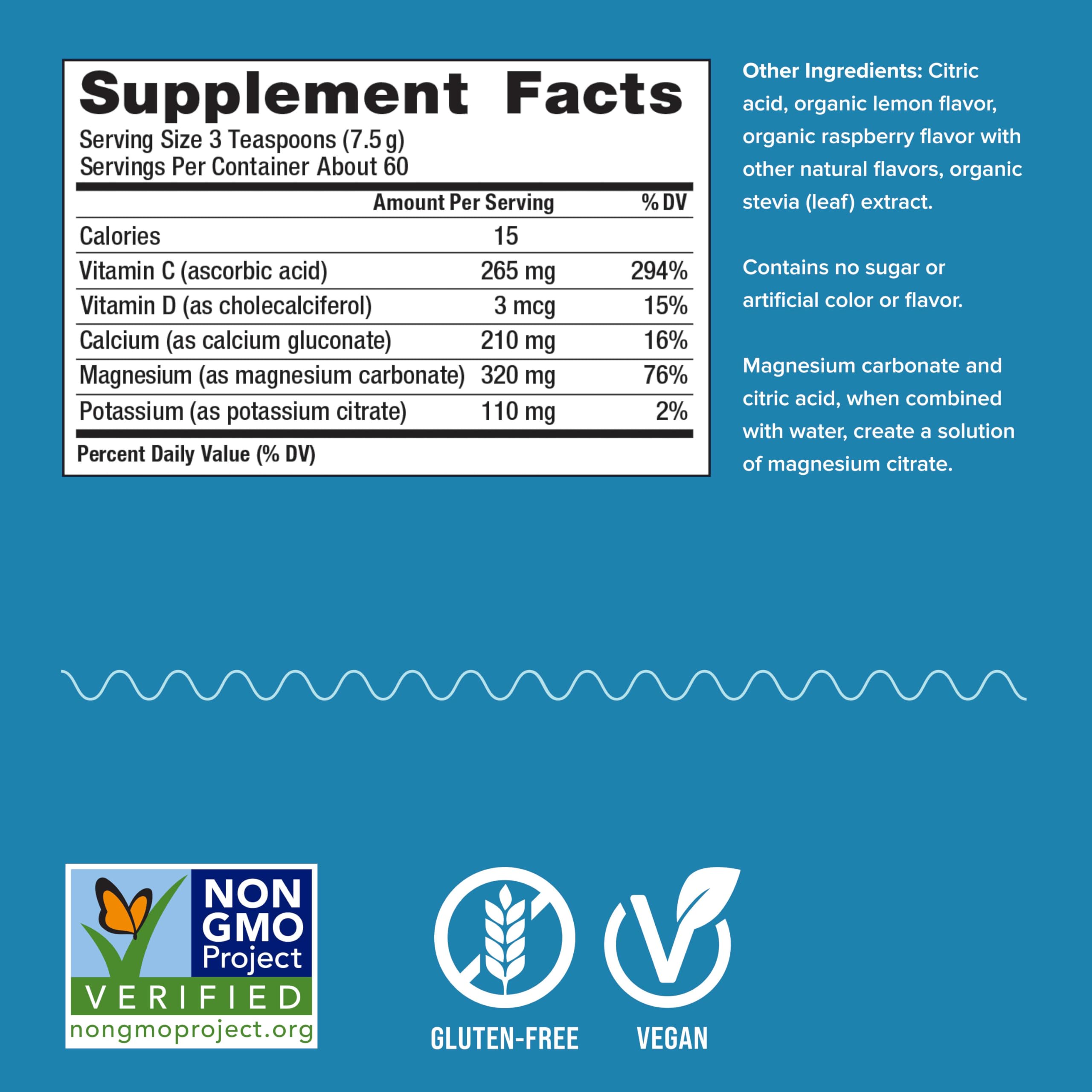 Natural Vitality CALM Raspberry Lemon drink mix label