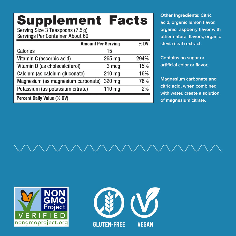 Natural Vitality CALM Raspberry Lemon drink mix label