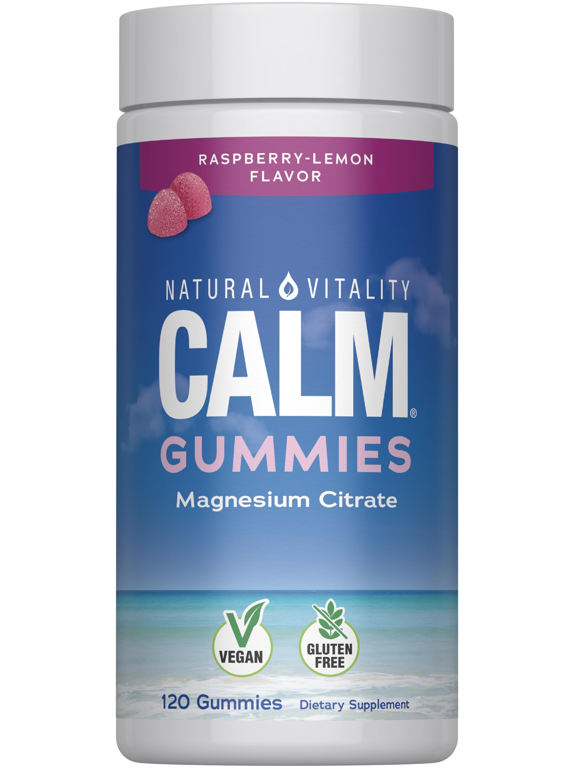 Bottle of Natural Vitality CALM Raspberry Lemon Magnesium Citrate Gummies 120-count