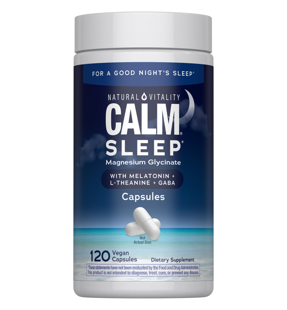 Bottle of Natural Vitality CALM Sleep Magnesium Supplement with 120 capsules