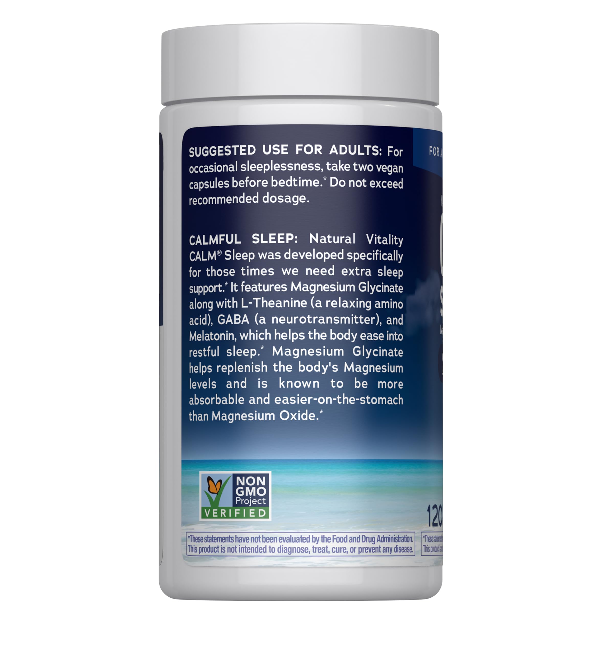 Packaging showing gluten-free, vegan, and non-GMO labels for CALM Sleep