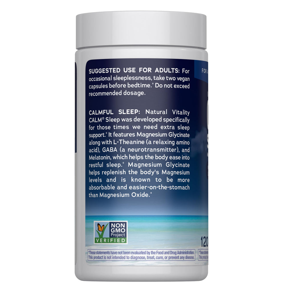 Packaging showing gluten-free, vegan, and non-GMO labels for CALM Sleep
